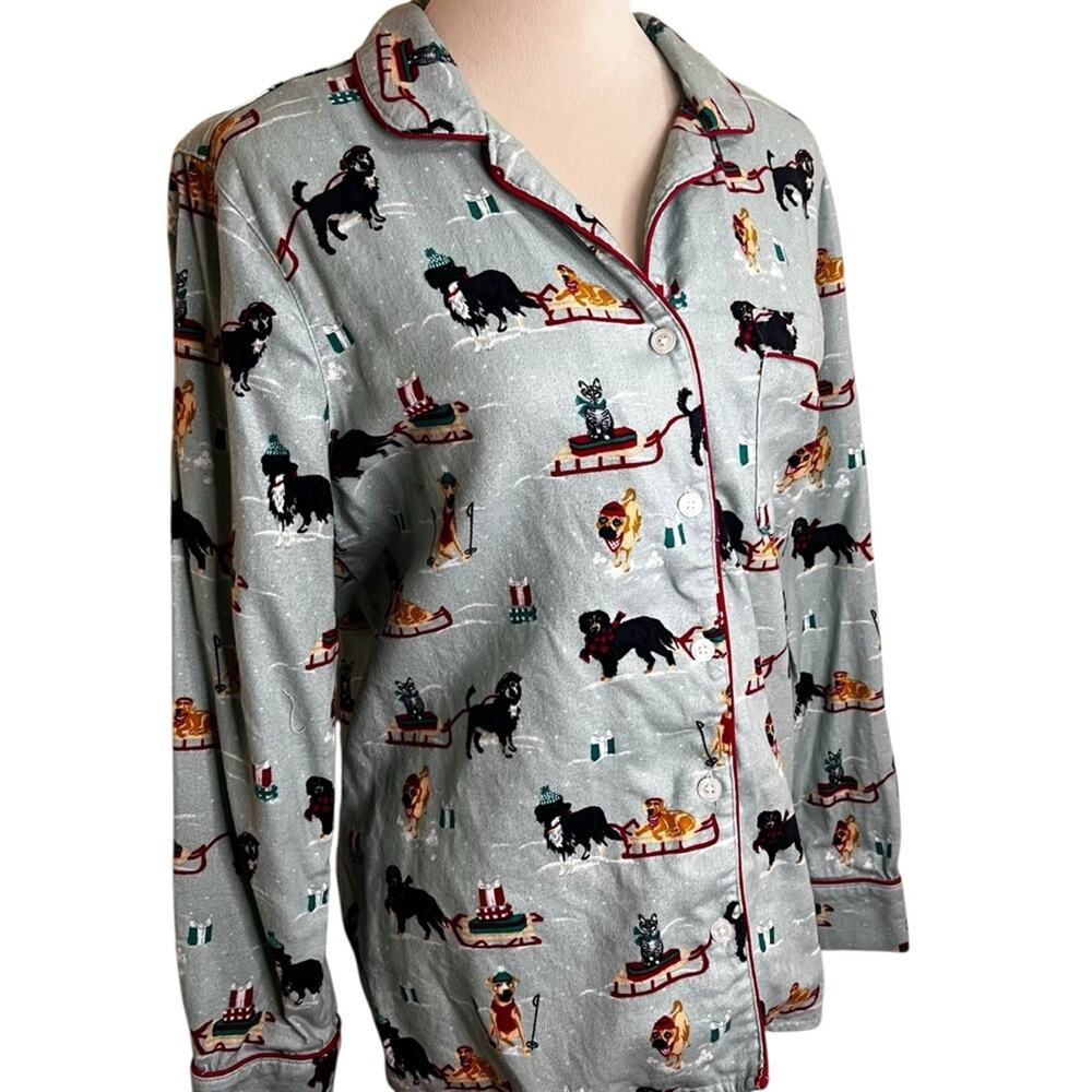 Lands’ End Flannel Pajama Top M | Holiday Dogs Sledding, 100% Cotton Long Sleeve